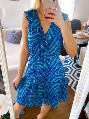 SAM EDELMAN Breezy Zebra Sleeveless Rouched Front Mini Dress in Blue & Mint! 🏝️